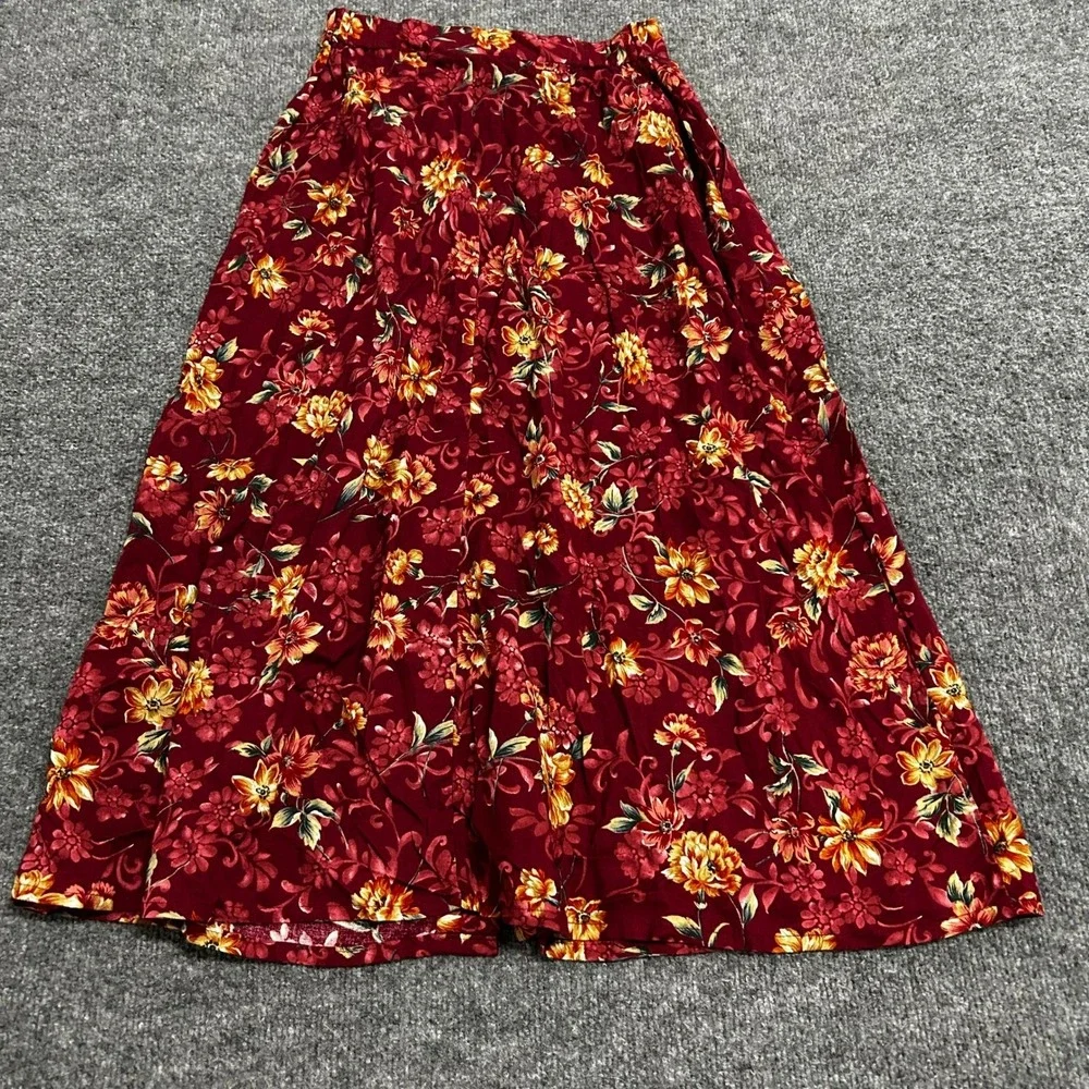 Jantzen Skirt Womens Size 10 Burgundy Floral Rayon Button Front Pleated Midi